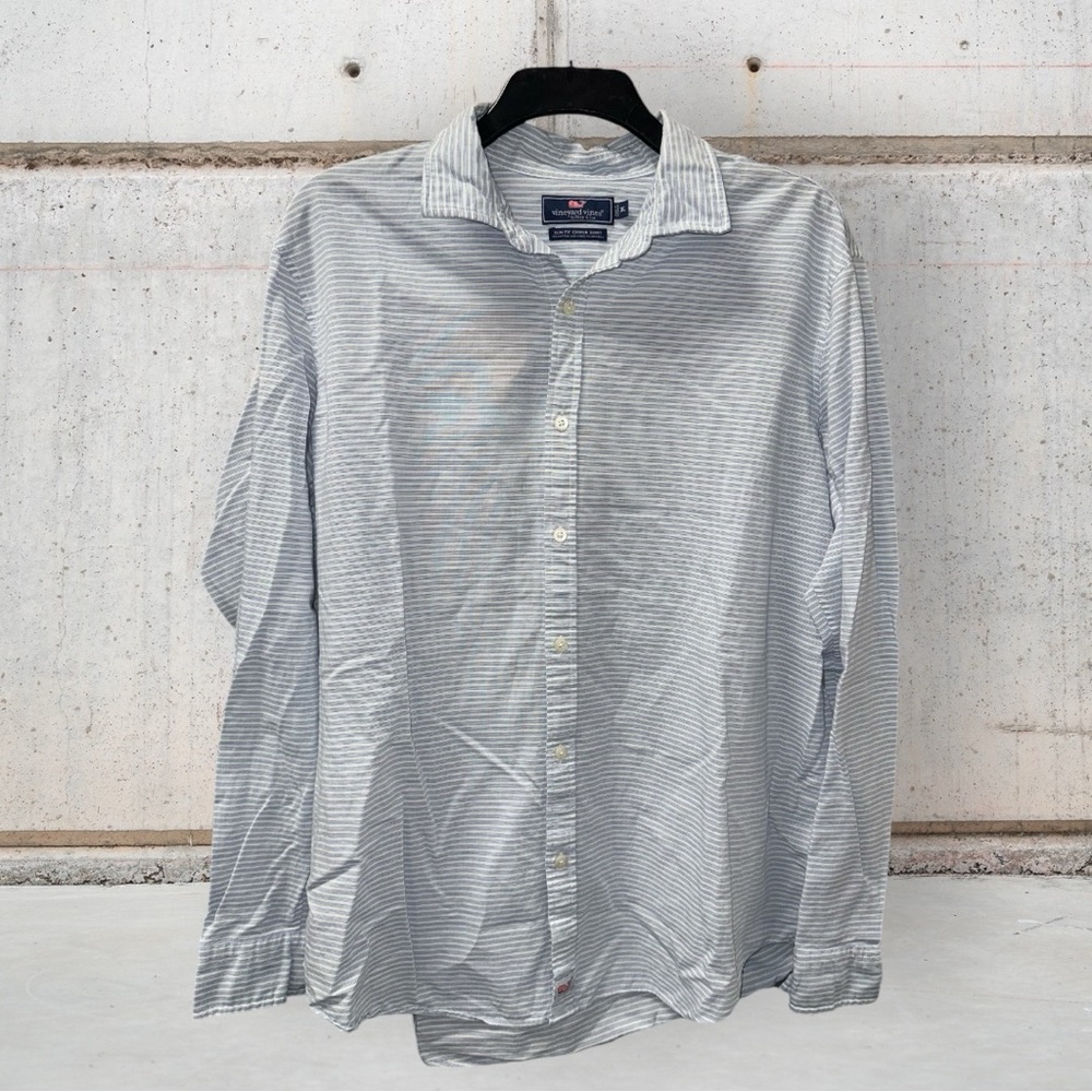Vineyard‎ Vines Men Slim Fit Cooper Shirt XL Blue Pinstripe Cotton Linen Spandex